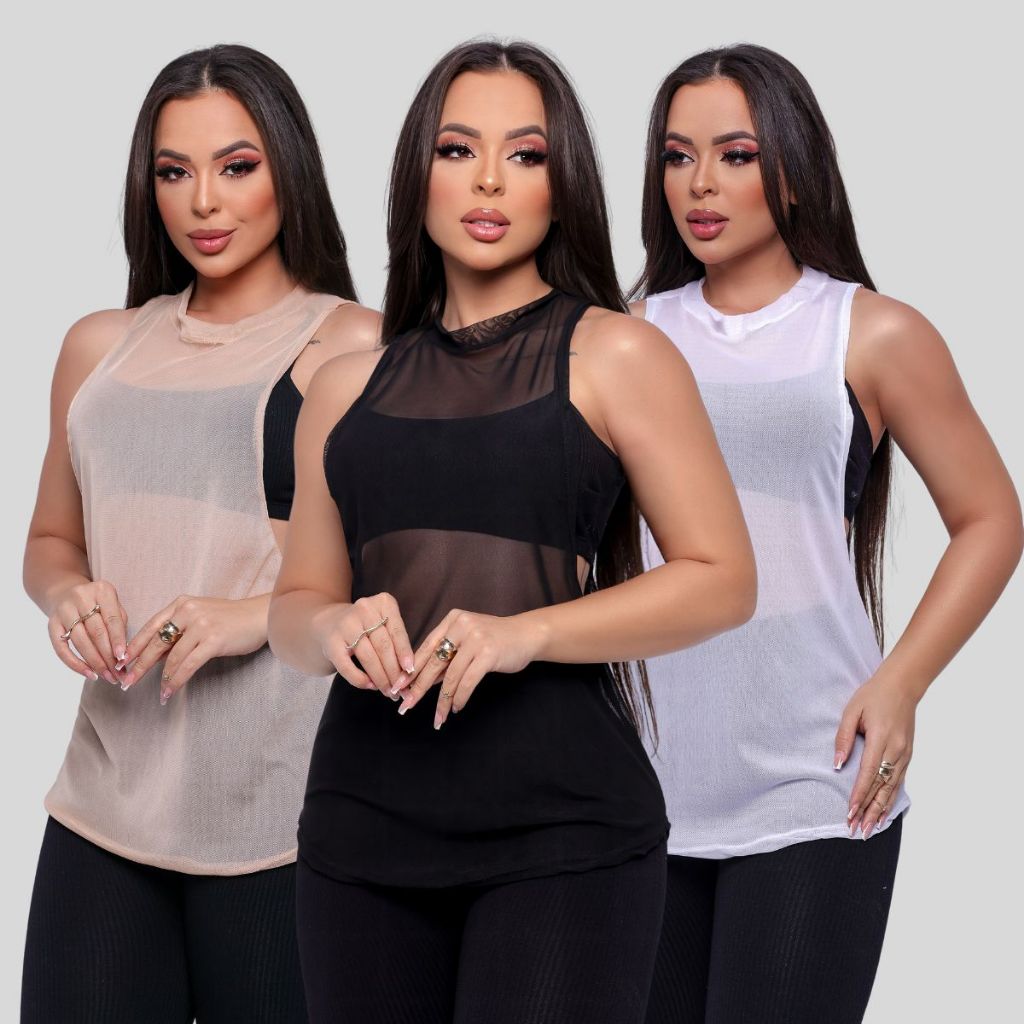 Kit 3 Regata Tule Feminina Fitness Transparente Academia  Blusa Leve e Estilosa para Treino