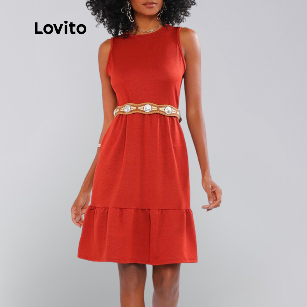Lovito Vestido Vermelho Sem Mangas com Babado na Barra Moda Modesta DRB632BRL662BD em Oferta na Shopee