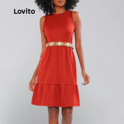 Lovito Vestido Vermelho Sem Mangas com Babado na Barra Moda Modesta DRB632BRL662BD