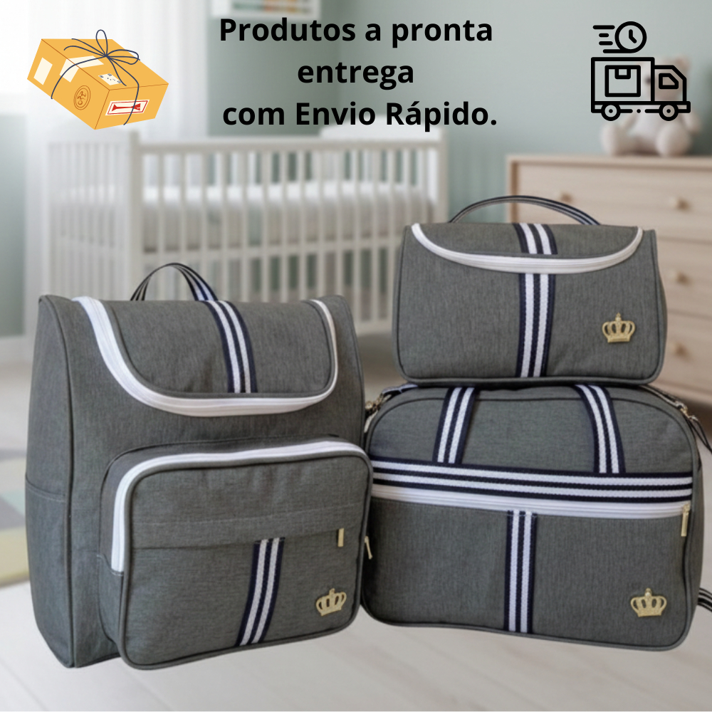 Classic Azul Kit Bolsa Maternidade Cinza Com Faixa Azul  03 peças