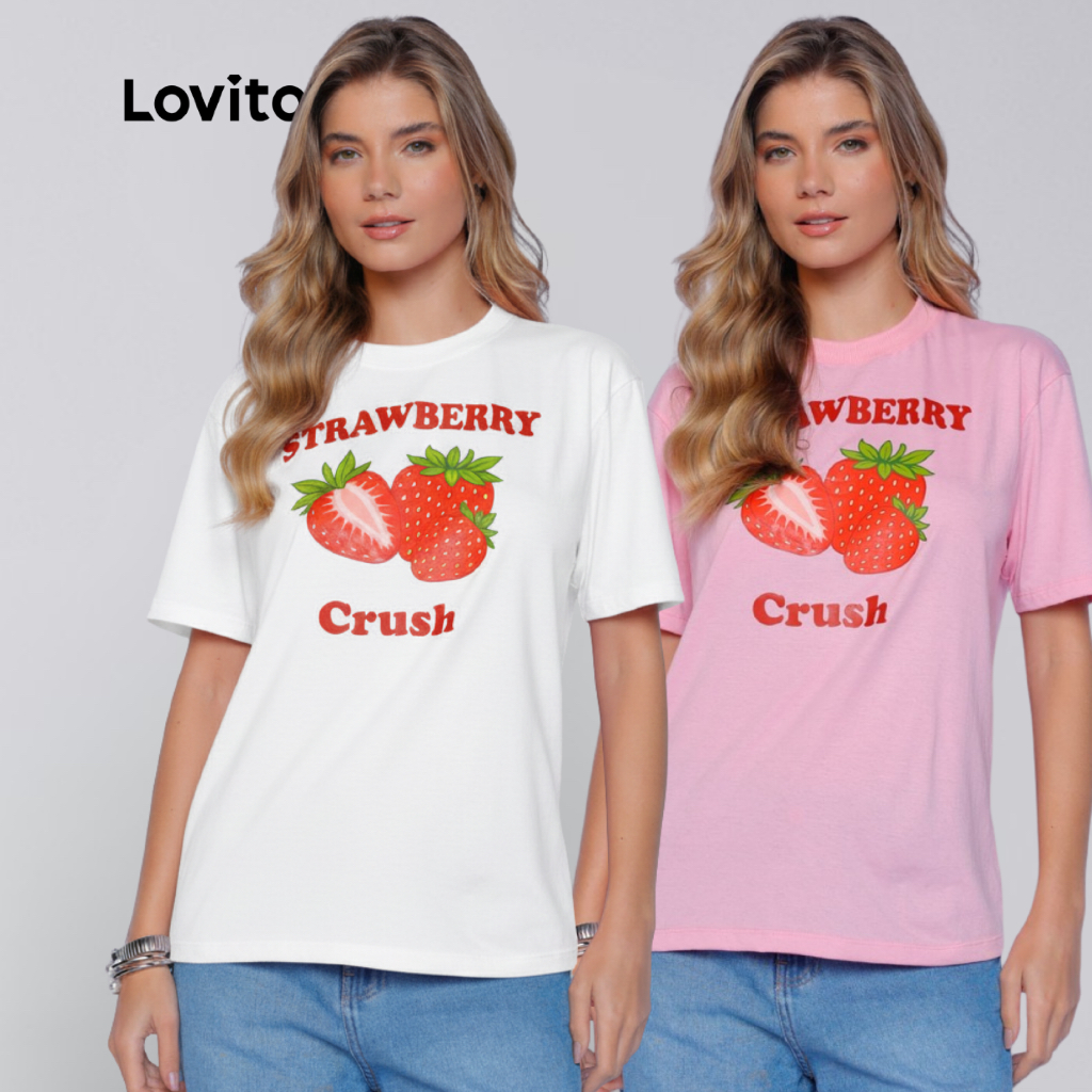Lovito Camiseta Feminina Basica Casual Estampa de Morango TSB1401BRL1431 em Oferta na Shopee