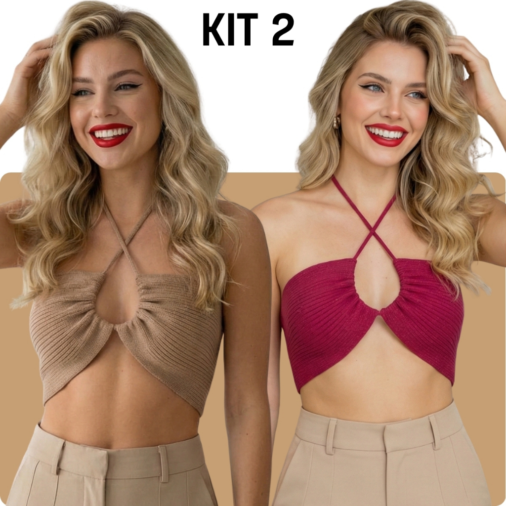 Kit 2 Blusinha Cropped Tricô Modal Cruzado Frente Única Vazado Praia Fresquinho Básico Feminino