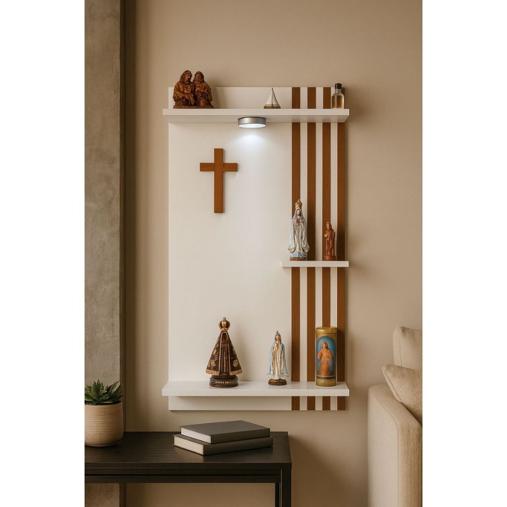 Oratório Ripado Mdf Com Luminária Painel Suporte Parede Cantinho Da Oração em Oferta na Shopee