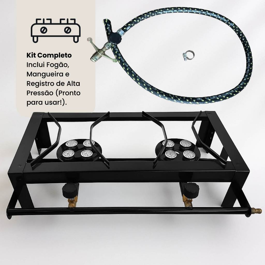 Fogão Industrial de Mesa Alta Pressão 2 bocas Fogareiro para camping ou caminhoneiro + Registro e Mangueira