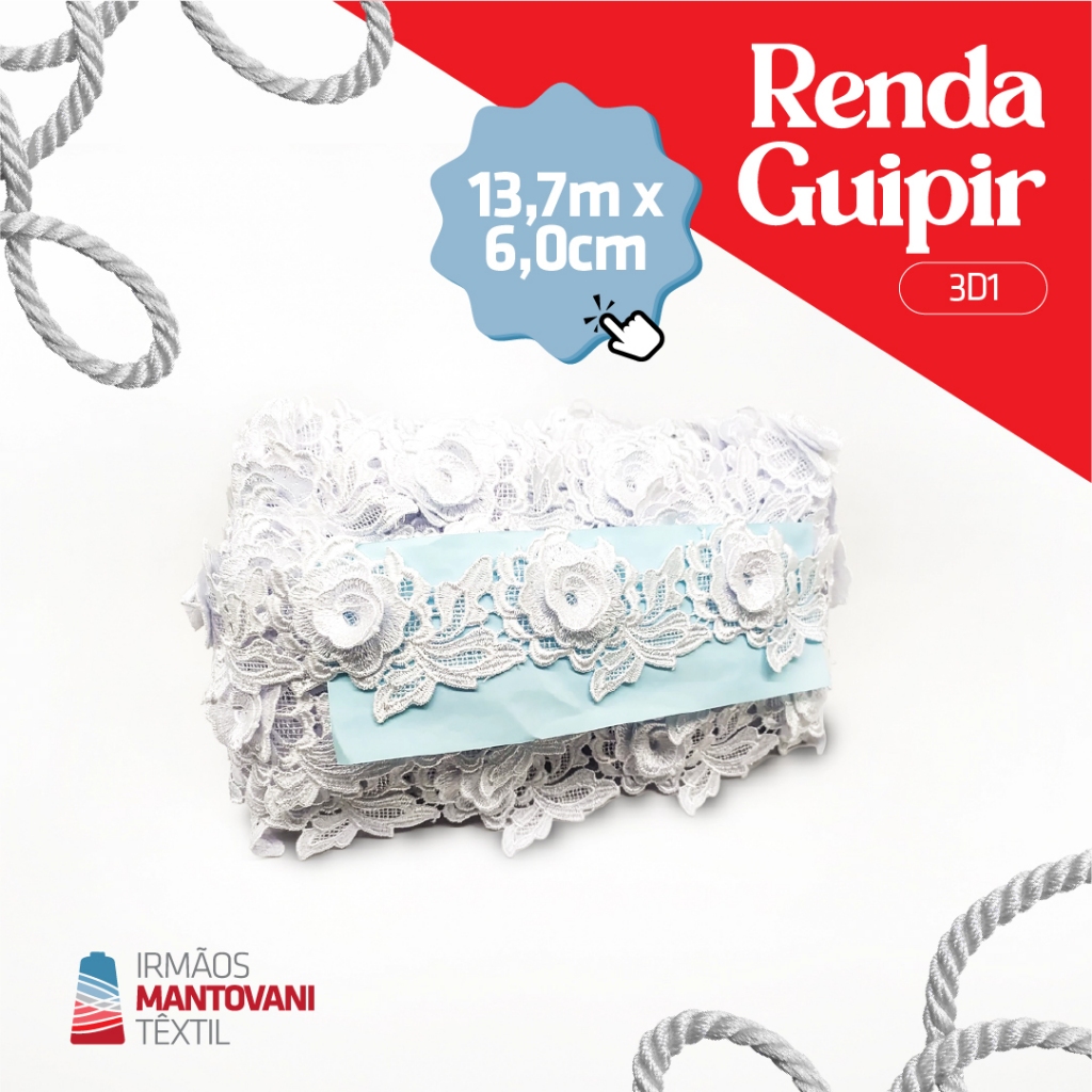 Renda Guipir 3d1, Peça com 13,7 Metros, Largura: 6,0cm Composição: 100% Poliéster cor branca