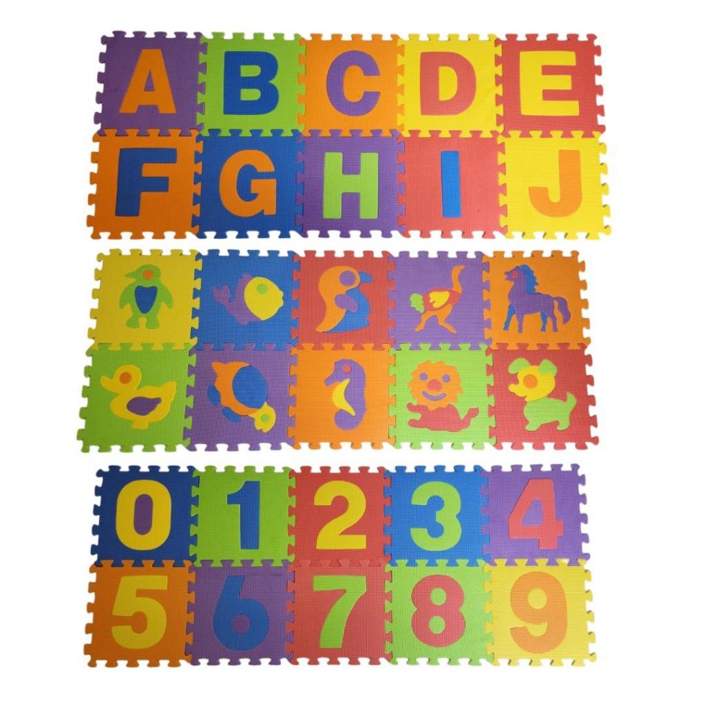 Tapete EVA Infantil 10 Peças 30x30cm Números Letras ou Bichinhos Sortido 0,9m² Macio Educativo 6+ Meses