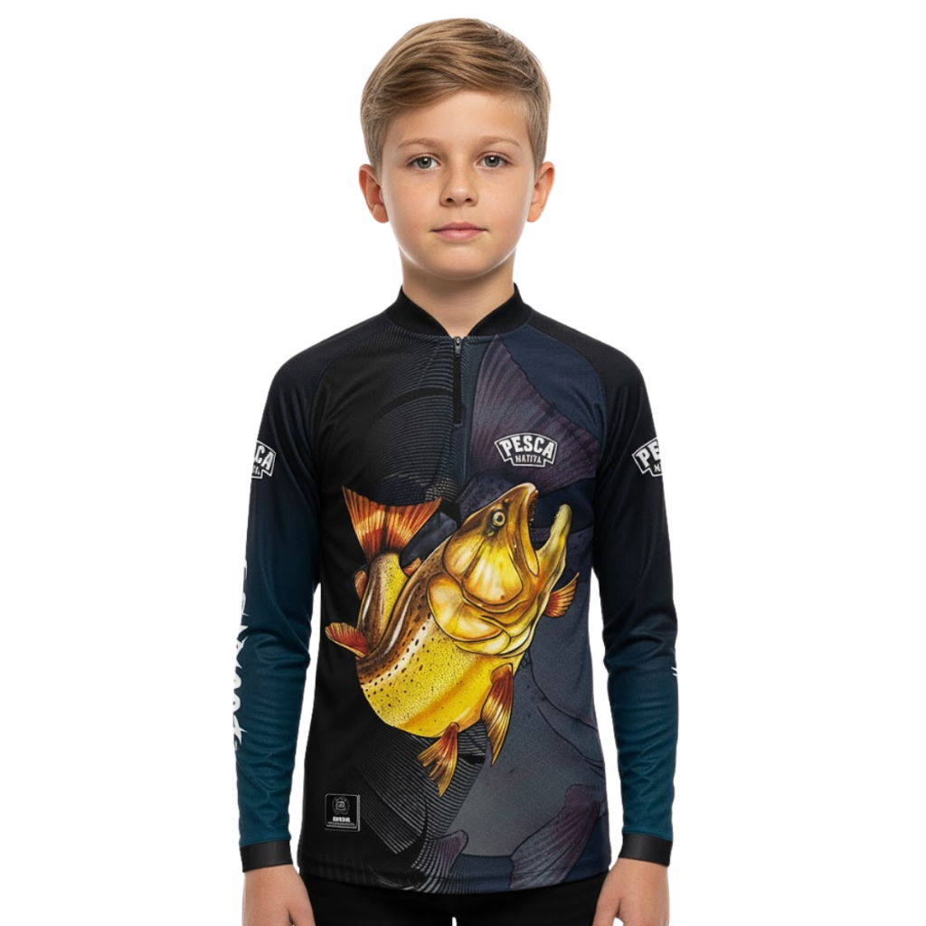 Camisa Camiseta Blusa de Pesca Infantil Dourado Menino com Proteção uv50
