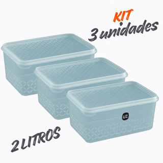 Kit 3 potes 2l multiuso transparente com tampa bpa free jogo plastico premium uz marmita porta fruta em Oferta na Shopee