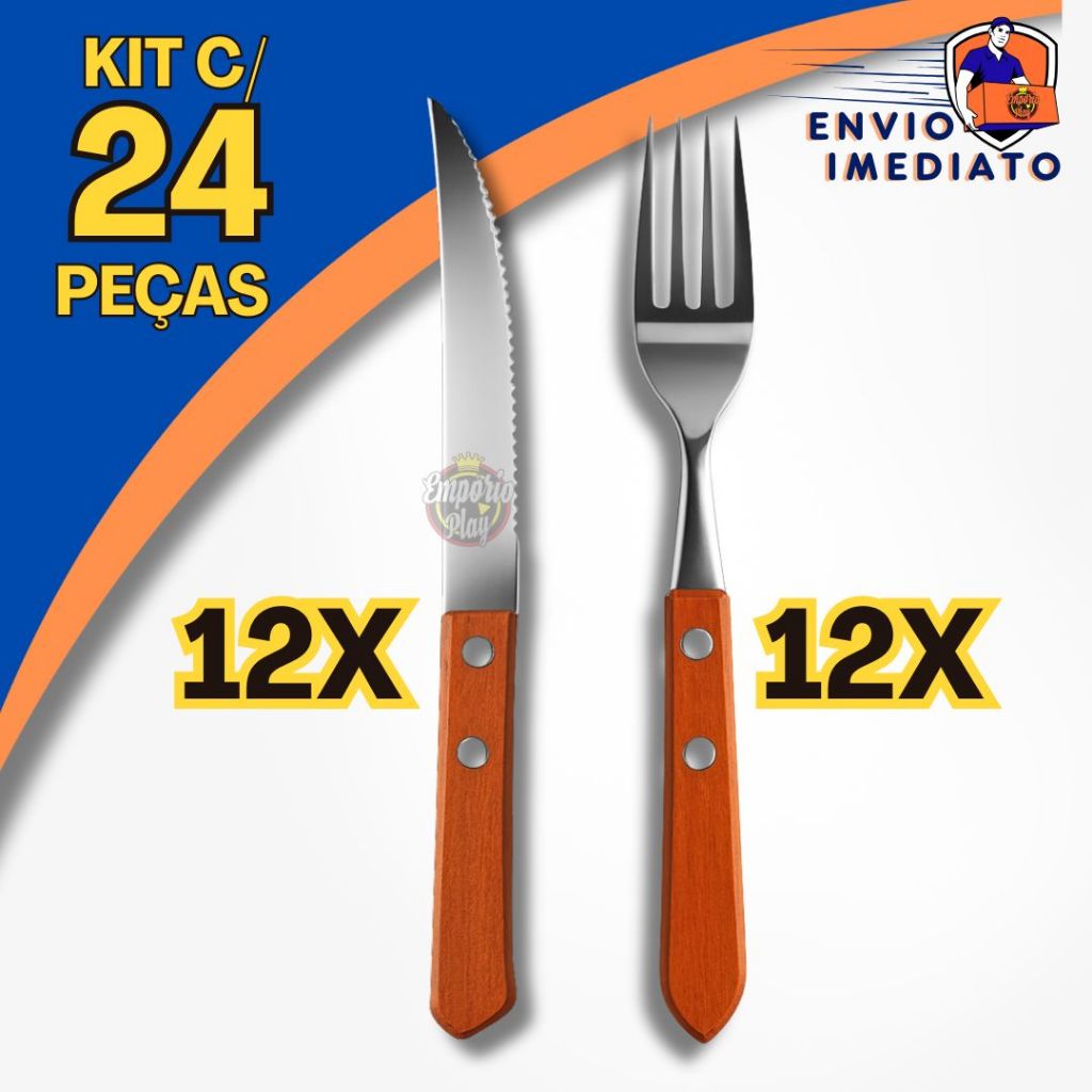 Kit 24 Peças Jogo de Talher Garfo e Faca de Inox com Cabo de Madeira Faqueiro Jogo Conjunto em Oferta na Shopee