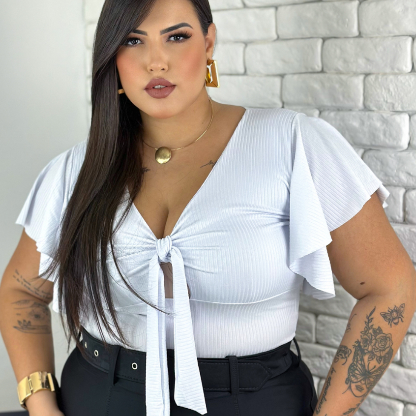 Blusa Feminina Plus SIze Com Laço Malha Canelada Premium