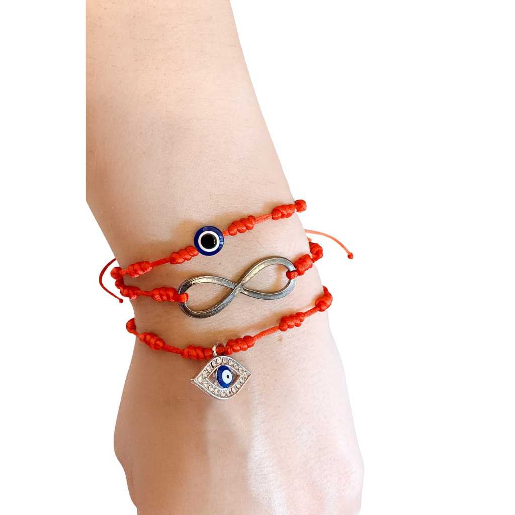 ⭐ Kit Pulseiras 7 Nós – Olho Grego + Infinito + Olho Grego Com Strass: Proteção, Luz e Conexão em Três Camadas