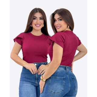 Blusa Feminina Canelada Manga Babado Casual Confortável Tshirt Básica Varias Cores Tecido Canelado em Oferta na Shopee