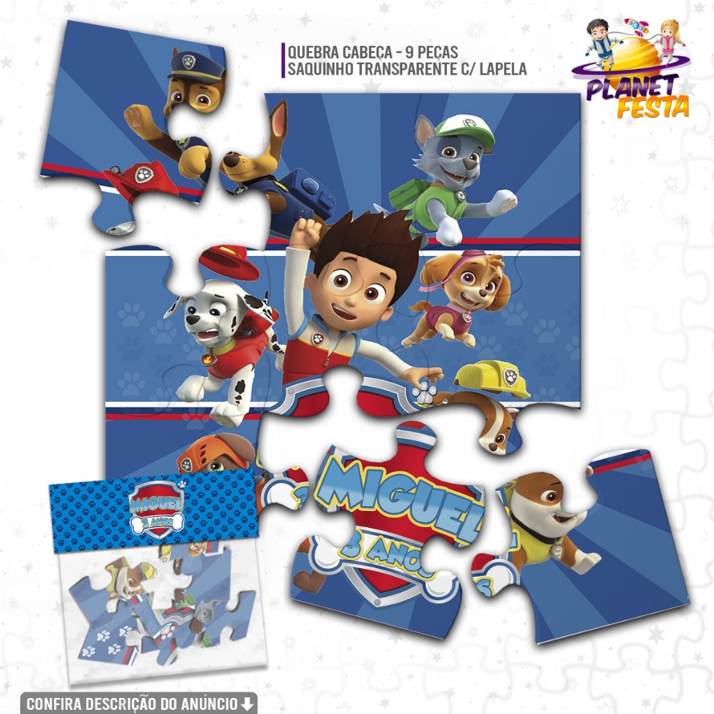 Quebra-Cabeça Personalizado Patrulha Canina Azul | Lembrancinha de Aniversário 9 Peças