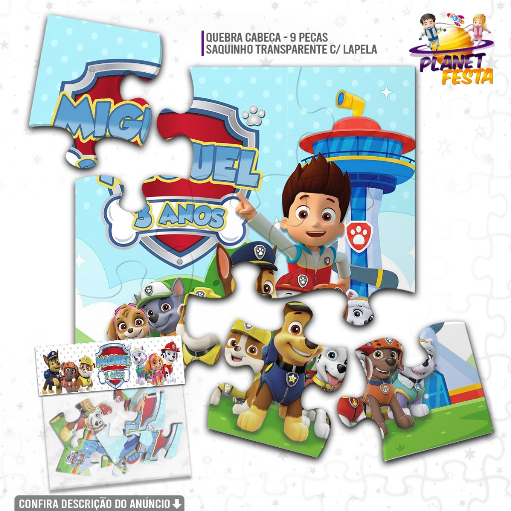 Quebra-Cabeça Personalizado Patrulha Canina | Lembrancinha de Aniversário 9 Peças