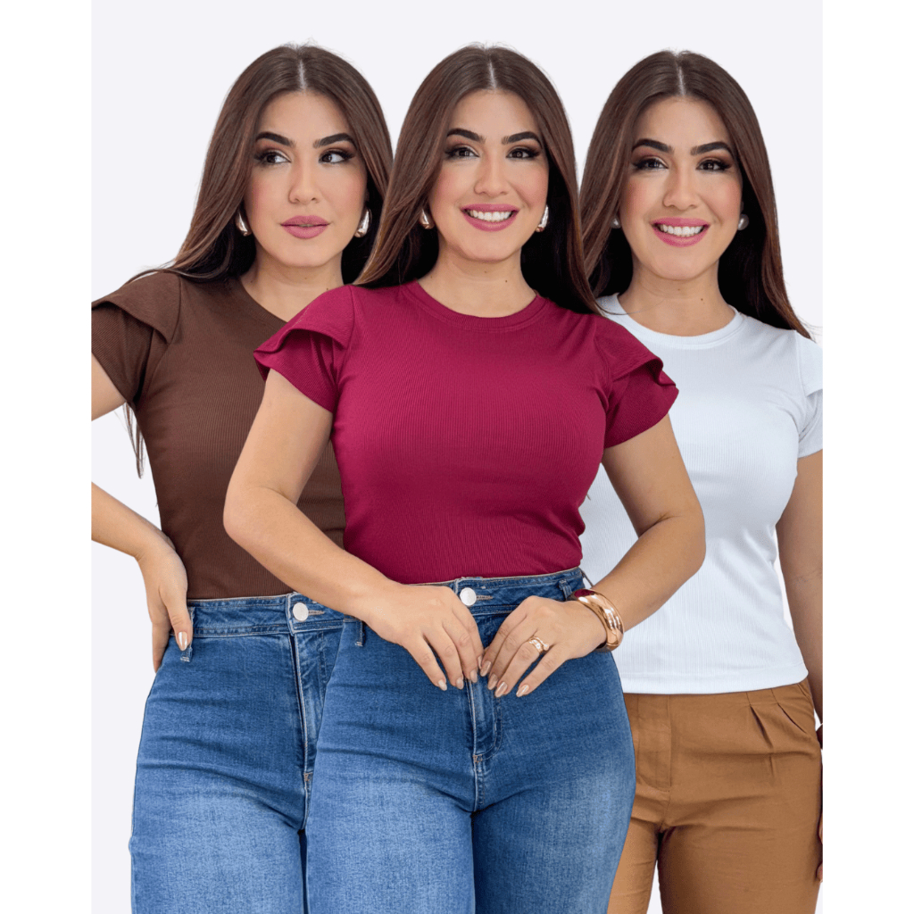 Kit 3 Blusas Feminina Estilosa Manga Verão Malha Ribana Canelada Básica Casual