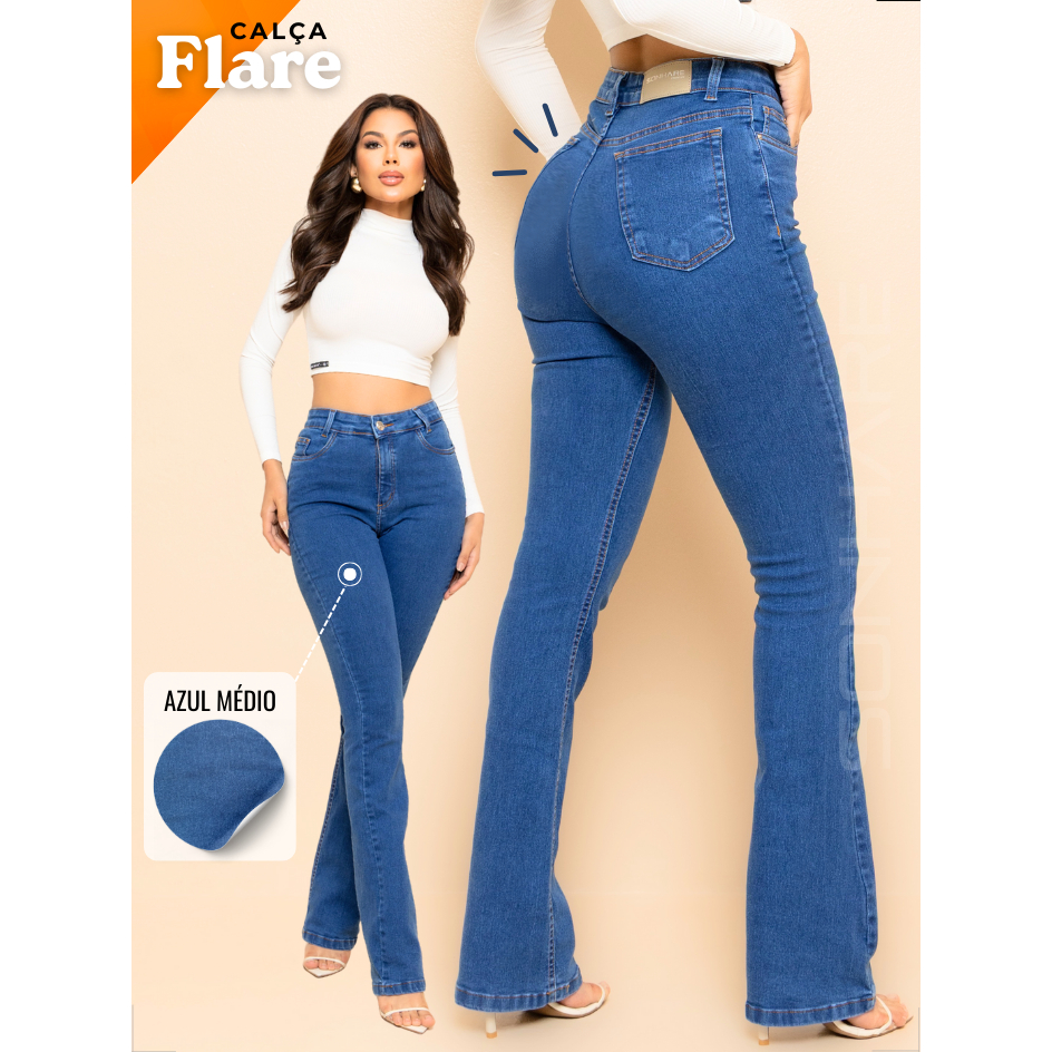 Calça Flare Feminina Jeans Lycra Premium Modela Corpo Empina Bumbum Cintura Alta Confortável
