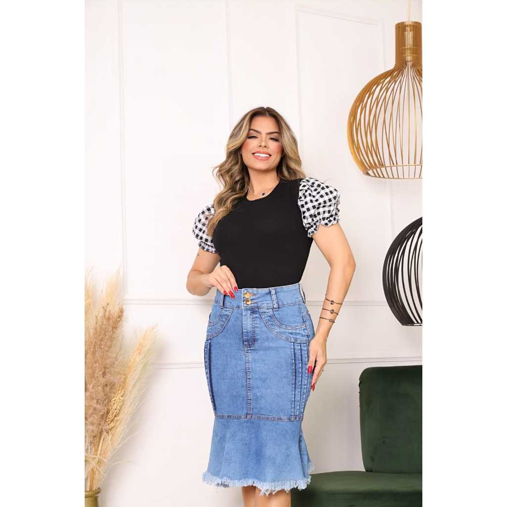 Saias Midi Jeans Clara Babado Desfiado com Bolsos Moda Evangelica Gospel Crista