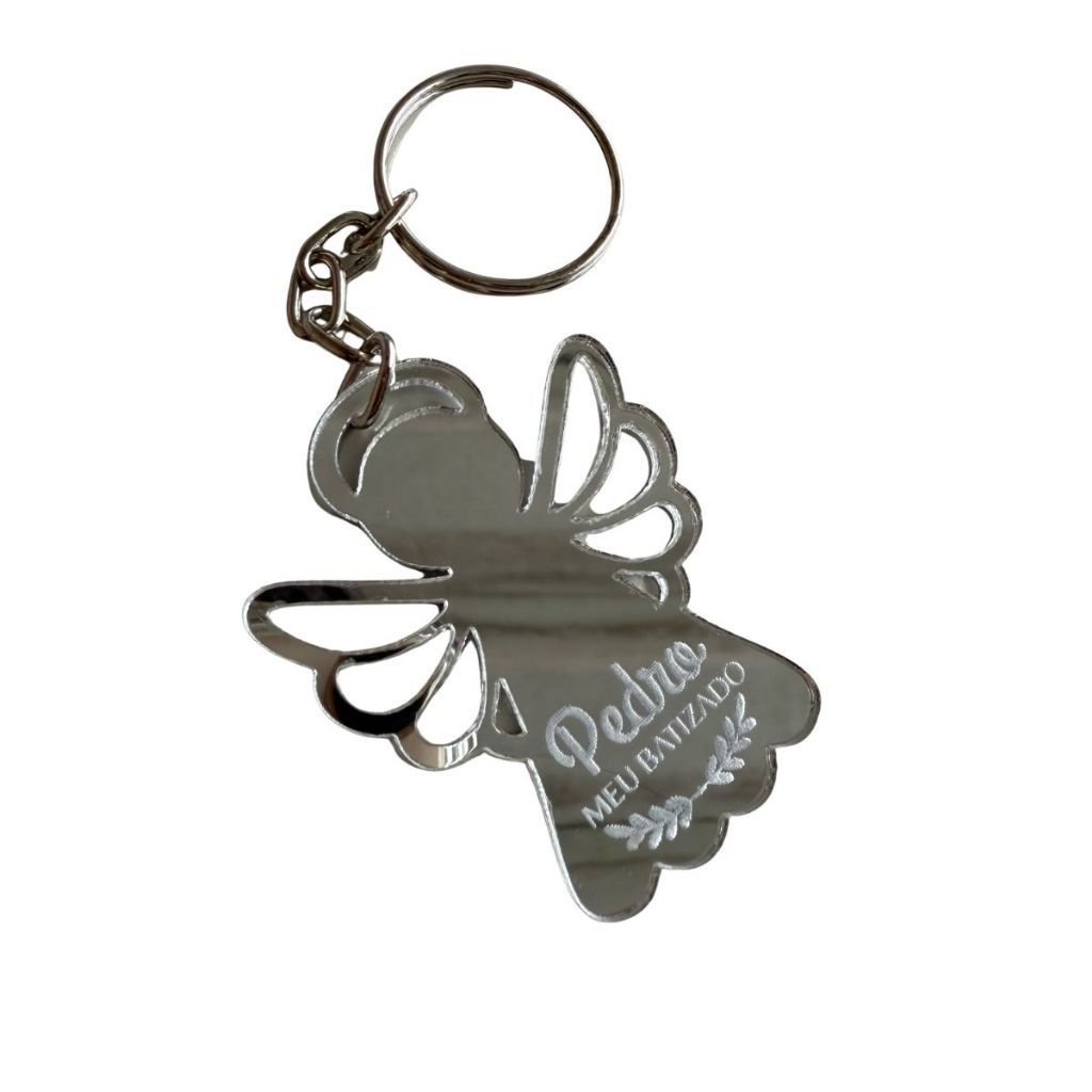 Kits 10/20 Chaveiros Personalizados Acrílico Anjo Batizado Prateado Enfeite Eventos Decoração