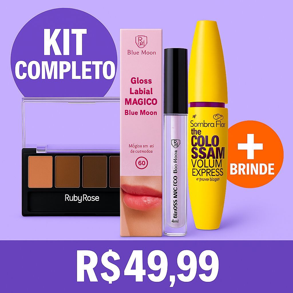 Kit Maquiagem Completo – Rímel Volume, Paleta Sobrancelha Ruby Rose, Gloss Mágico Blue Moon + Brinde
