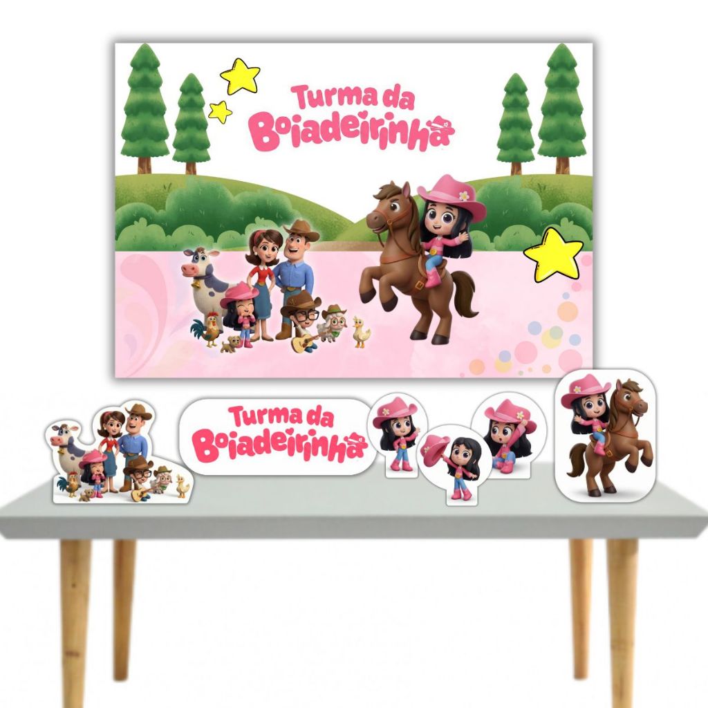 Turma da Boiadeirinha Ana Castela kit festa aniversário decoração com painel e displays