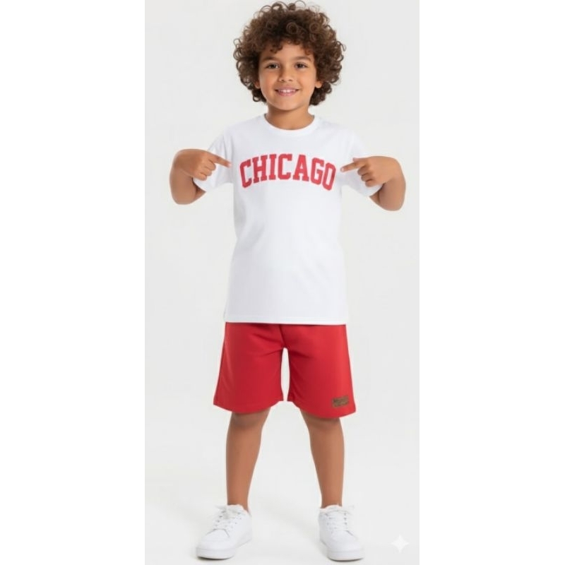 Conjunto Infantil Masculino – Camiseta “Chicago” + Short Vermelho