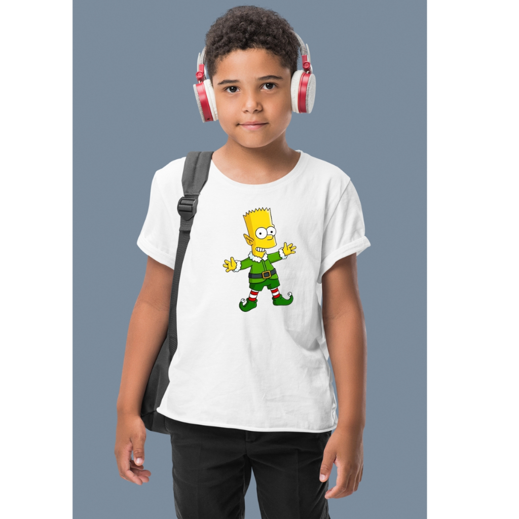 Camiseta Natalina Infantil Bart Simpsons Fantasia de Duende Fofa Desenho Animado Menino Menina