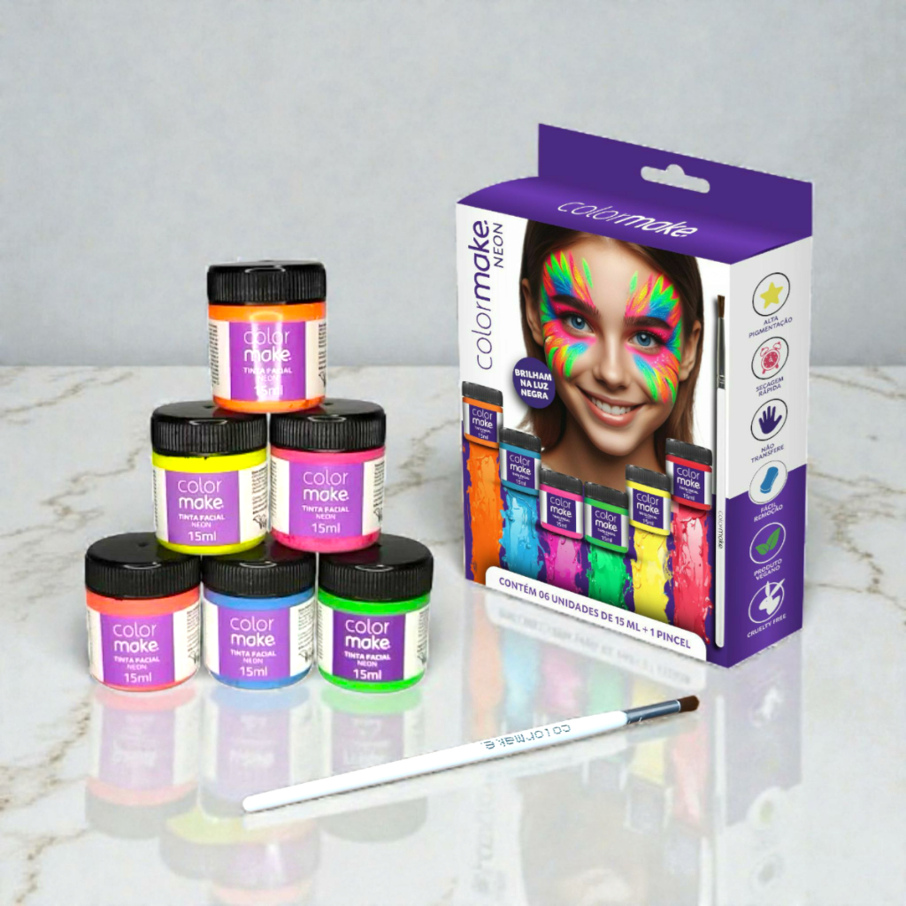 Kit Tinta Facial Neon Colormake c/ 06 cores 15ml + Pincel - Brilha na Luz Negra Maquiagem Artística