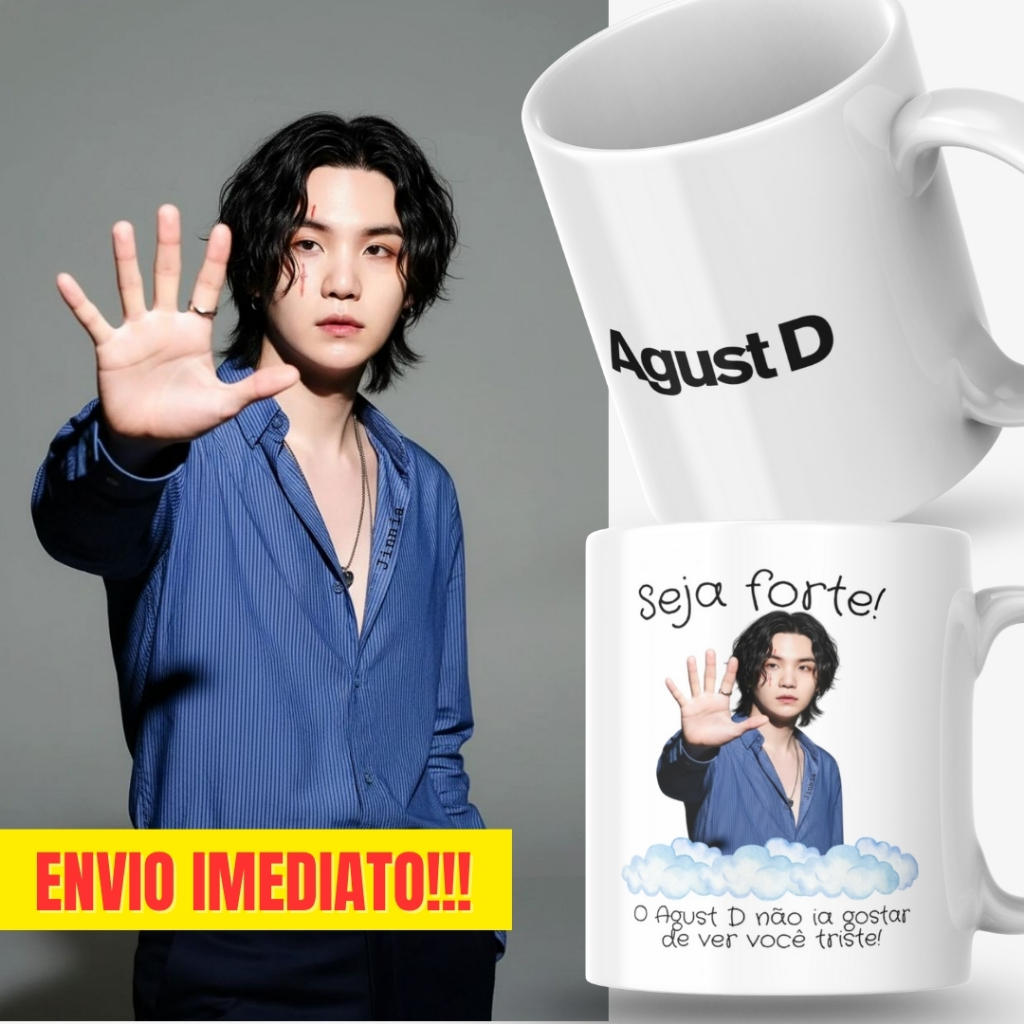 Caneca Xicara Porcelana 325ml Seja Forte Suga Agust D KPop BTS Personalizada Presente Decoração Casa