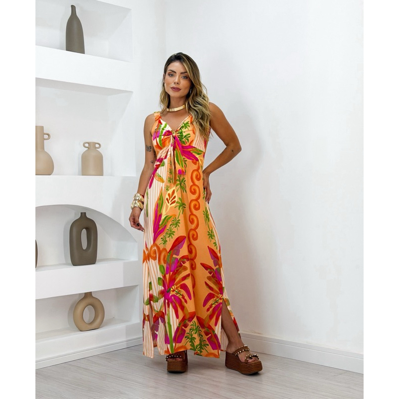 vestido longo inspiração tropical