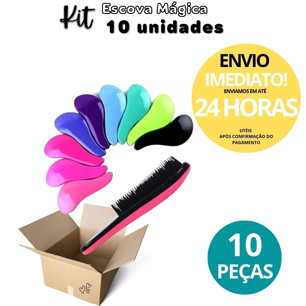 Kit 10 Escovas Mágicas Desembaraçadora de Cabelo Cores Sortida, Pink, Rosa, Verde, Azul, Preta, Branca