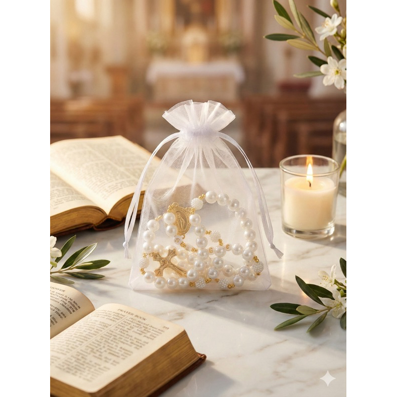 Terço Católico Personalizado Com Nome + Saquinho Organza Luxo | Presente Mimo Lembrancinha Batizado e Catequese