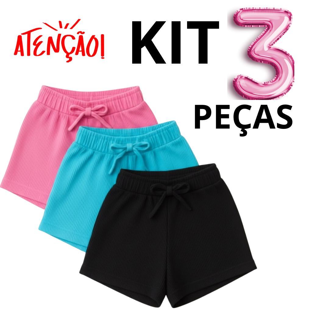 Kit 3 Shorts Infantil Menina Malha Canelada Para Piscina Parque e Clube 1 Un modelo leve Ribana Azul  Preto Rosa