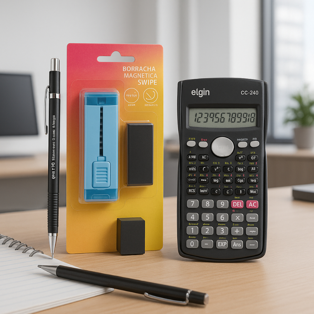 Kit Calculadora Cientifica 240 Funções Elgin, Borracha Magnética e Lapiseira Técnica Maxprint