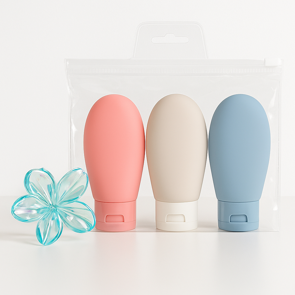 KIT 3 FRASCOS FLIP TOP DE PLÁSTICO PARA VIAGEM DE 60ML CADA E PRESILHA DE CABELO
