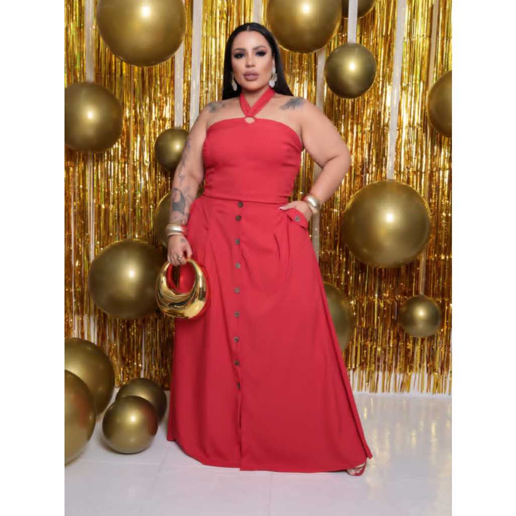 Conjunto Feminino Plus Size Saia Longa E Blusa Frente Unica Conjuntinho Madrinha Festas Natal Linha Premium Luxo G2 e G3