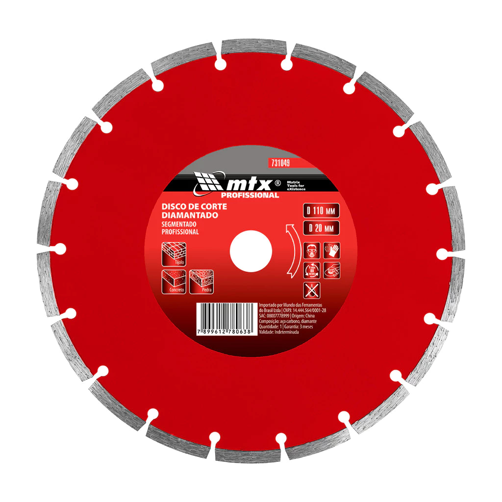 Disco De Corte Diamantado Segmentado 110 X 20mm Corte Seco Profissional - MTX
