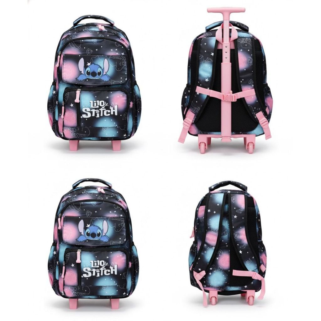 Mochila de Rodinha lillo Stitch com Puxador Reforçado Modelo Escolar Infantil menina rosa azul preta