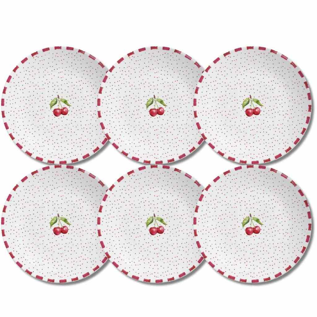 Jogo 6 Prato Raso De Cereja Amarena Em Cerâmica Alleanza Branco e Vermelho Prato de Jantar