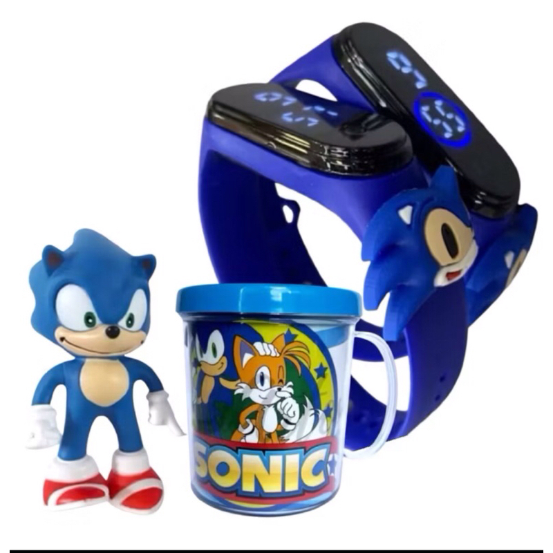 Kit 3 Boneco do Sonic + Relógio + Caneca