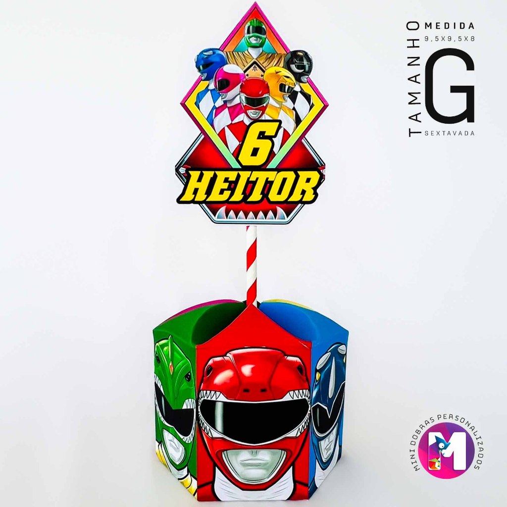 Centro de Mesa POWER RANGERS - Caixa Sextavada - Tamanho G - Personalizado (PEGUE E MONTE) em Oferta na Shopee