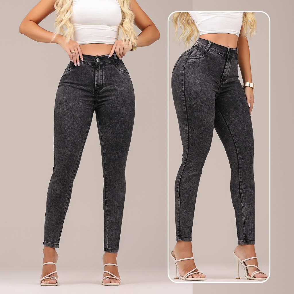 Calça Jeans Skinny Feminina GRAFITE MARMORIZADA Cintura Alta Modeladora Levanta Bumbum com Lycra em Oferta na Shopee