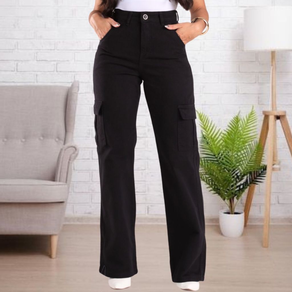 Calça Preta Jeans Feminina Wide leg Pantalona cargo Cintura Alta com Bolsos Moda Gringa Estilosa