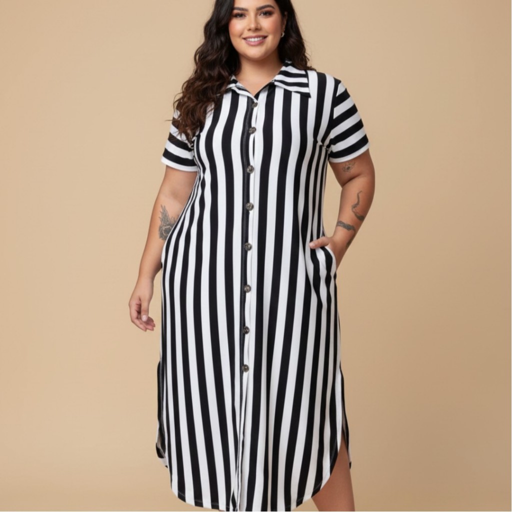 Vestido Feminino Chemise Manga Plus Size Bata Soltinha com Bolsos Laterais G1-G2-G3-G4