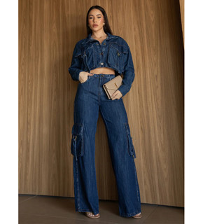 Calça cargo larga qualidade maxima consciencia jeans escura sem elastano ana castela 24651