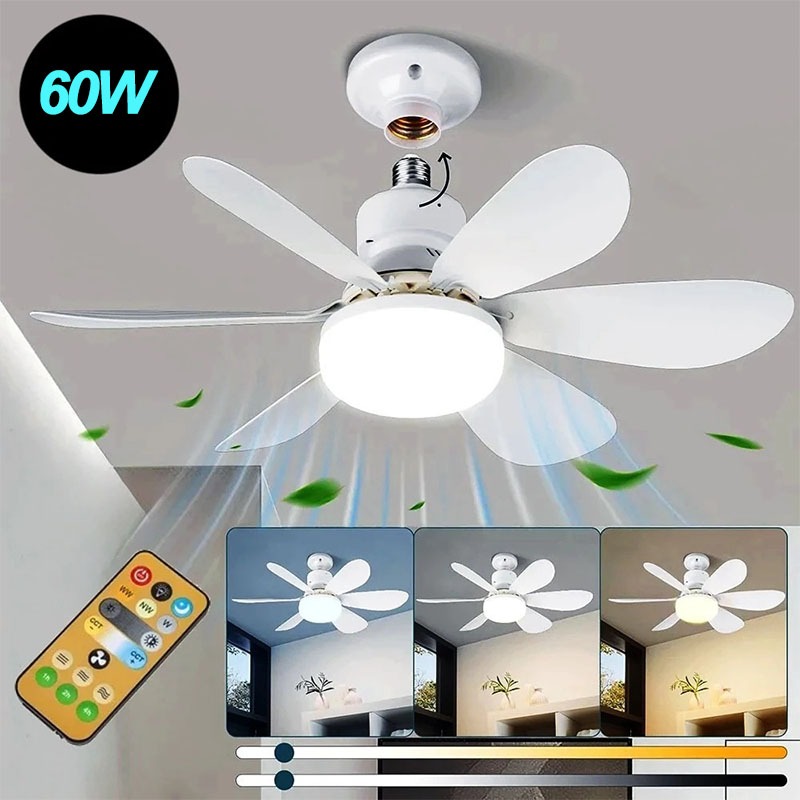 Ventilador de Teto 60W Lâmpada 3 Cores E27 Silencioso Bivolt 2 em 1 Controle Remoto PREMIUM