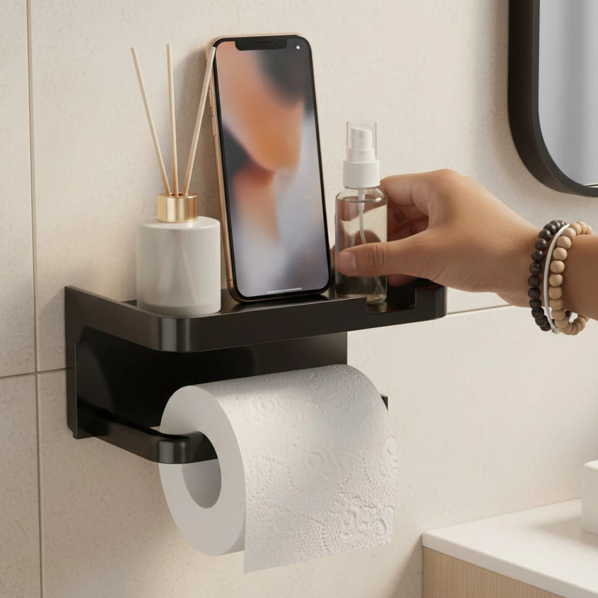 Suporte Porta Papel Higienico Cor Preto e Suporte para Celular Com Adesivo Fixo na  Parede Sem Furos