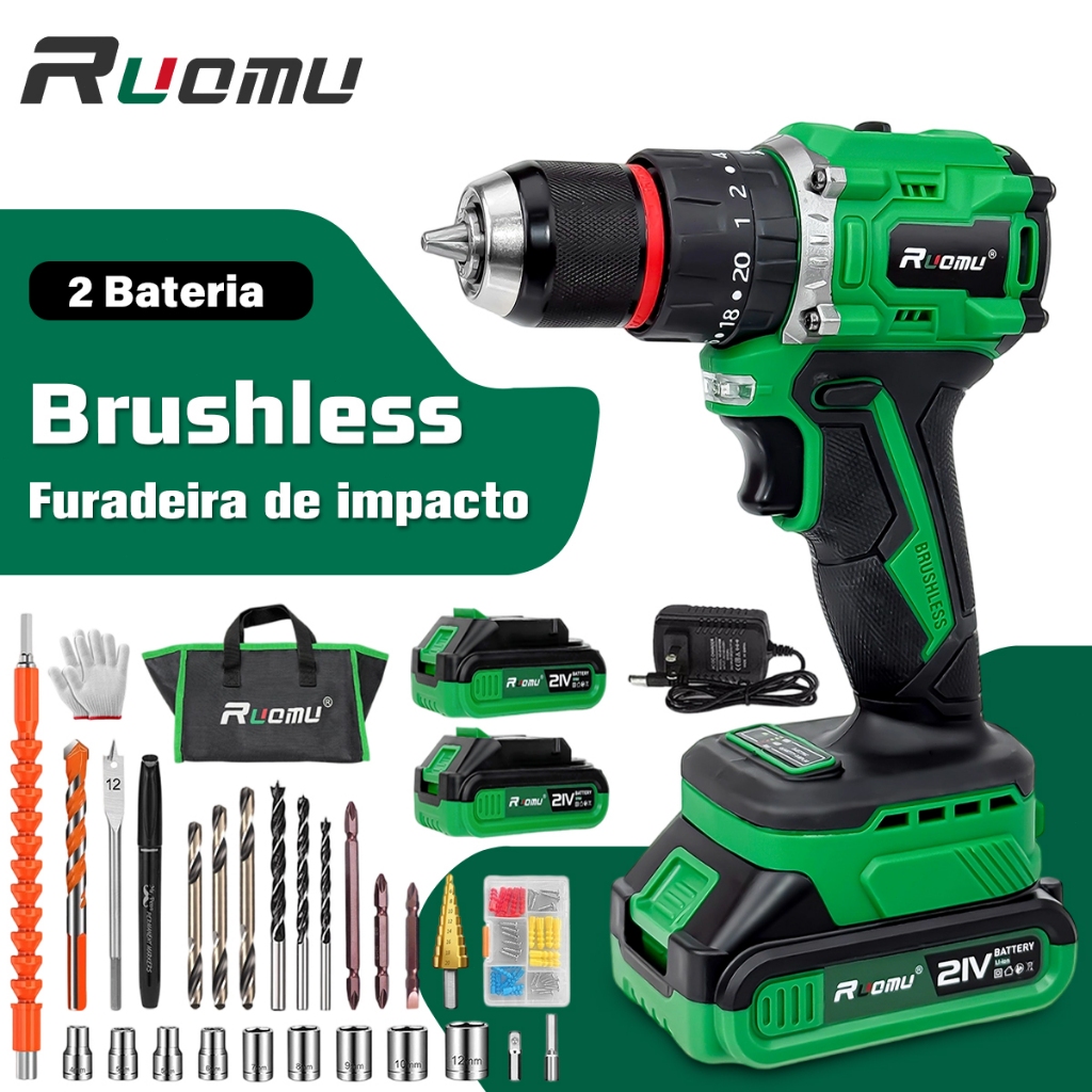 Furadeira Parafusadeira Elétrica Sem Fio 21V Bateria 3 Funções Brushless Kit Completo Acessórios