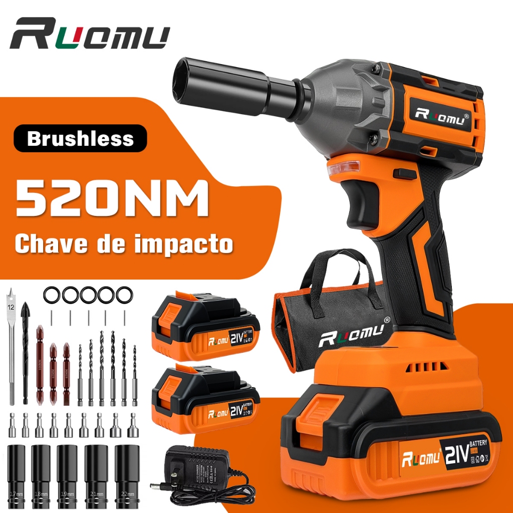 Chave de Impacto Elétrica 520NM Parafusadeira Furadeira 21V Brushless Com 2 Bateria