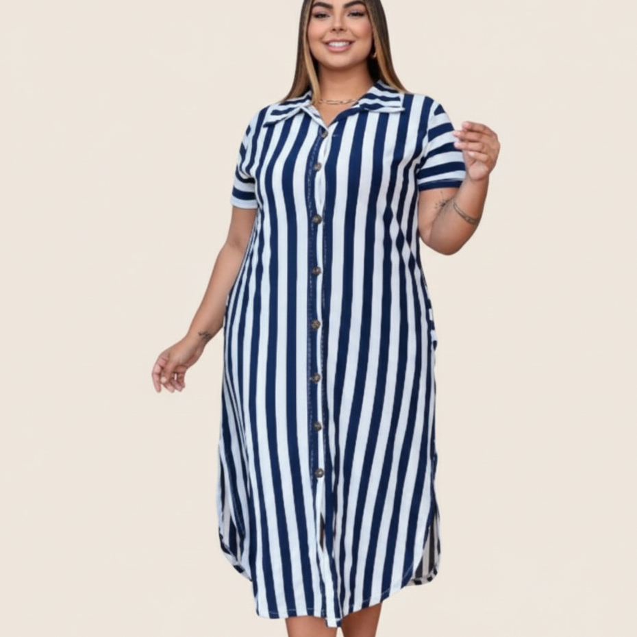 Vestido Feminino GG G1 G2 G3 G4 Chemise Soltinho Manga Curta Chamise Listrado Plus Size