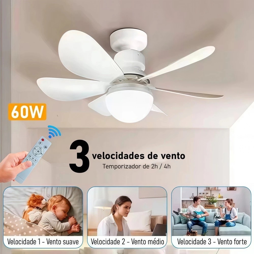 Ventilador de Teto 60W LED E27 3 Cores Silencioso Bivolt 2 em 1 Luminária Econômica com Controle Remoto